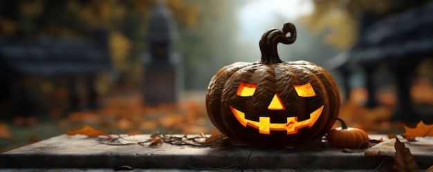 Banner mit Platz für Ihren Text mit dem Bild eines geschnitzten Pumpking für Halloween generiert von ai