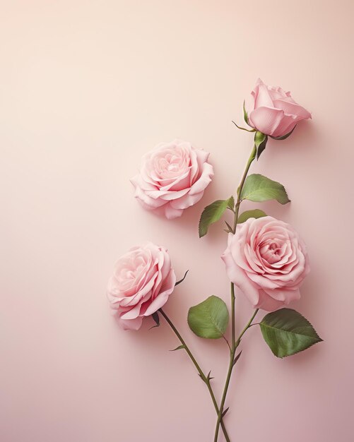 Banner mit Rahmen aus Rosenblumen und grünen Blättern auf rosa Hintergrund Frühlingskomposition