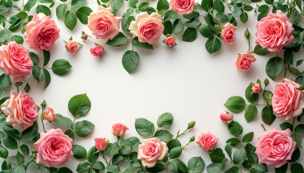 Banner mit Rahmen aus Rosenblumen und grünen Blättern auf weißem Hintergrund Frühlingskomposition