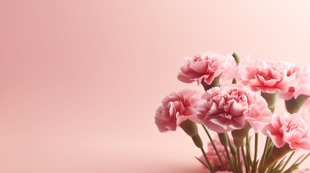 Banner mit rosa Nelken auf rosa Hintergrund, hergestellt von generativer KI