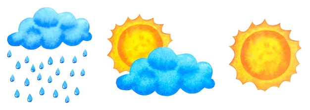 Banner mit Sonne und regnerischen Wolkensymbolen für Wettervorhersage-Aquarellillustration isoliert