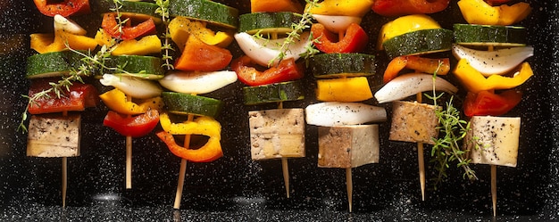 Banner mit veganen Kebabs aus Gemüse und Räuchertofu in einem Backblech bereit zum Backen im Ofen