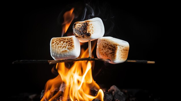 Foto banner mit zwei marshmallows auf einem stock, das über einem lagerfeuer auf schwarzem hintergrund gebraten wird.