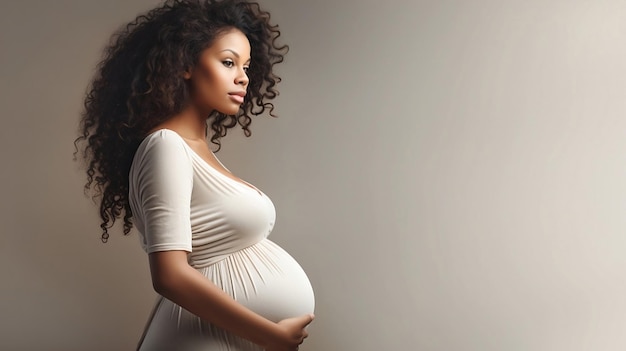 Banner de mujer embarazada afroamericana con vestido blanco tomándose de la mano suavemente su precioso vientre