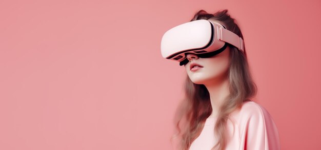Banner con una mujer europea con gafas de realidad virtual y auriculares de realidad virtual