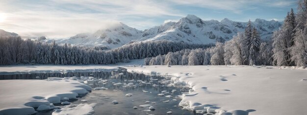 Banner Naturaleza de Invierno Foto que captura la belleza de los paisajes cubiertos de nieve reflejos de agua fría