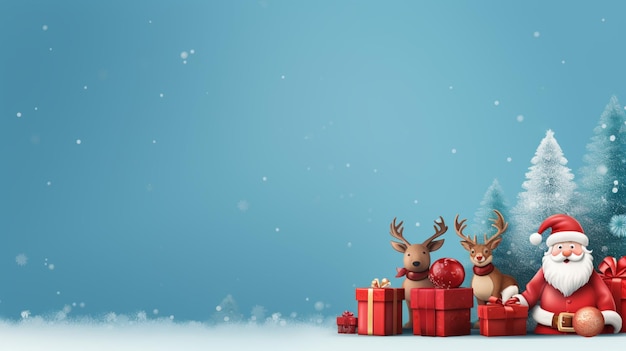 Banner de navidad con espacio en blanco para texto santa claus celebrar con cajas de regalo ramas de abeto y adornos rojos
