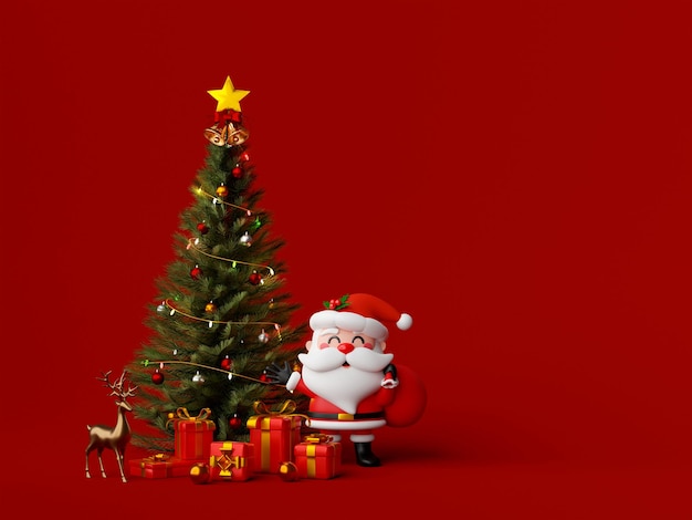 Banner de Navidad de Santa Claus con árbol de Navidad y regalo ilustración 3d