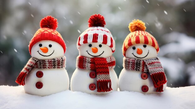Banner navideño de divertidos muñecos de nieve sonrientes con gorro de lana y bufanda