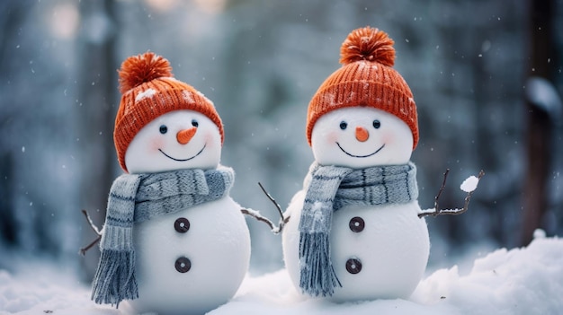 Banner navideño de divertidos muñecos de nieve sonrientes con gorro de lana y bufanda