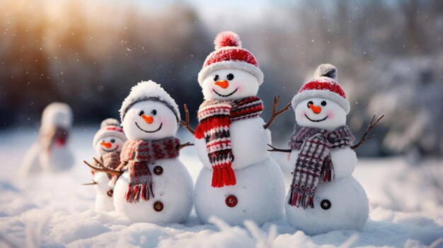 Banner navideño de divertidos muñecos de nieve sonrientes con gorro de lana y bufanda