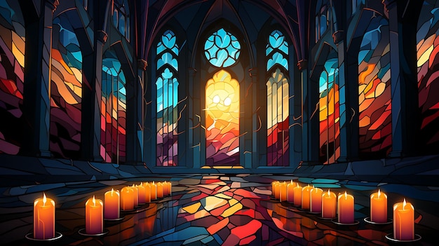 Banner of Candlelight Shining Through Stained Glass Windows Vibrant Je Candlesmas Diseños planos en 2D