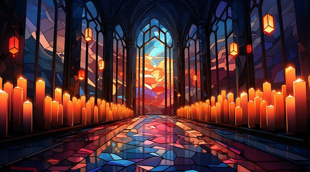 Banner of Candlelight Shining Through Stained Glass Windows Vibrant Je Candlesmas Diseños planos en 2D