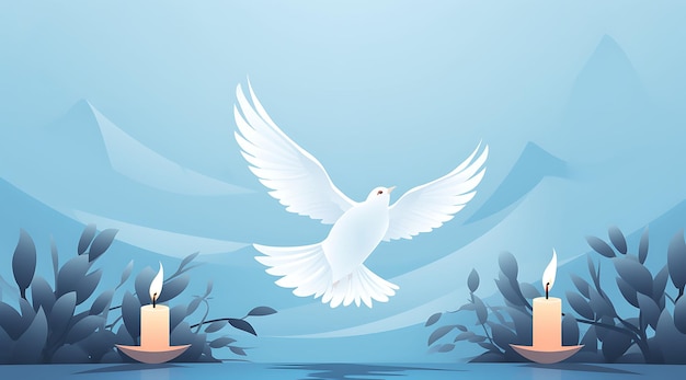 Banner of Dove Carrying a Lit Candle Sky Blue and White Color Palette Candlesmas 2D Flat Designs