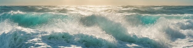 Banner con ola gigante de surf en el océano en un día soleado. Ilustración de paisaje marino con mar tormentoso, agua turquesa con espuma blanca y salpicaduras, horizonte y cielo azul. IA generativa