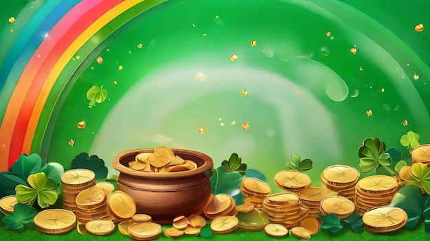 Banner con olla de monedas de oro hojas de trébol y arco iris concepto del día de San Patricio IA generativa