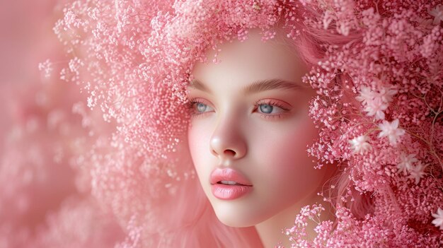 Banner orientado horizontalmente hermosas flores rosadas exuberantes en su cabello peinado cartel para el Día de la Mujer