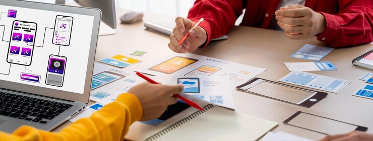 Foto banner panorámico del desarrollador de ux de la startup o del empleado de la empresa que diseña la interfaz de usuario o el prototipo de interfaz de usuario para la aplicación móvil o el software del sitio web con visualización de software en el monitor de la computadora portátil en la oficina synergic.