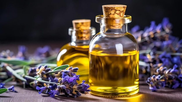 Banner panorâmico ou cabeçalho de lavanda roxa fresca com frascos de óleo essencial para aromaterapia