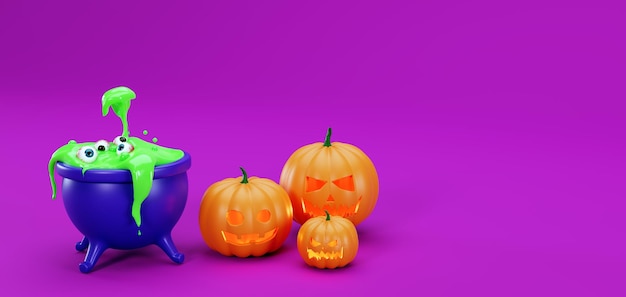 Banner para abóboras de halloween e caldeirão com globos oculares humanos olhos no caldeirão de uma bruxa 3d render