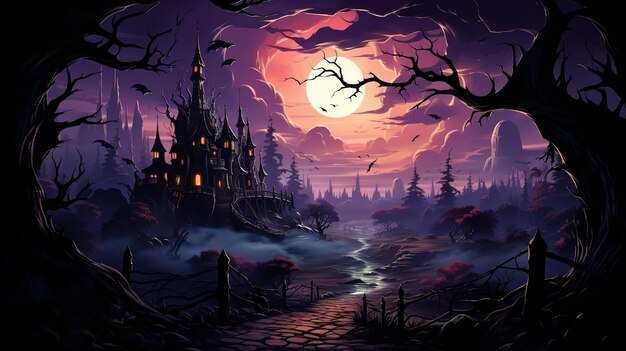 Foto banner para o dia das bruxas com uma bruxa uma casa assombrada abóboras e morcegos