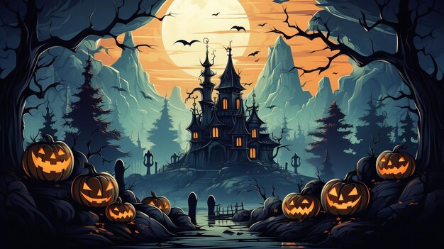 Foto banner para o dia das bruxas com uma bruxa uma casa assombrada abóboras e morcegos