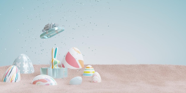 Banner de Pascua 3d con hermosos huevos pintados y lindo conejito Ilustración 3d de fondo de Pascua de primavera