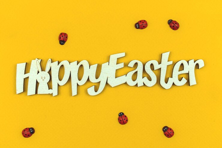 Foto banner de pascua feliz con texto, tarjeta de felicitación para vacaciones tradicionales