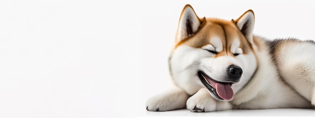 Banner con perro sonriente con los ojos cerrados Aislado sobre fondo blanco