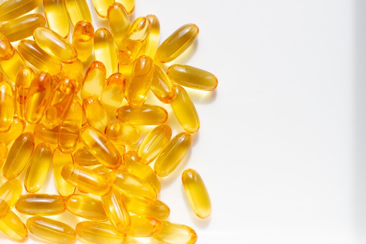 Banner de píldora de cápsulas de aceite de pescado con espacio libre. Omega 3. Concepto de salud.