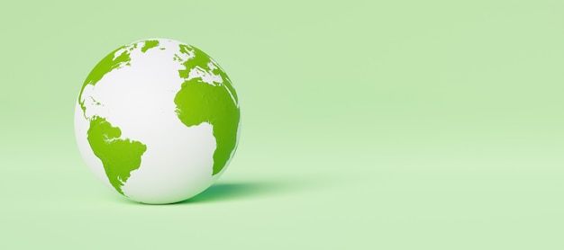 Banner con planeta tierra blanco y verde sobre fondo verde. concepto de medio ambiente. Representación 3d