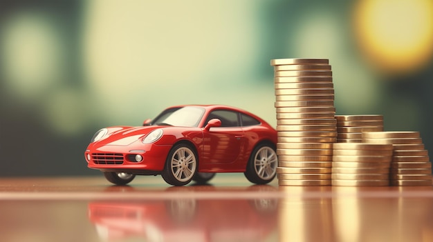 Banner de planificación financiera Un modelo de coche exhibido con una pila de monedas