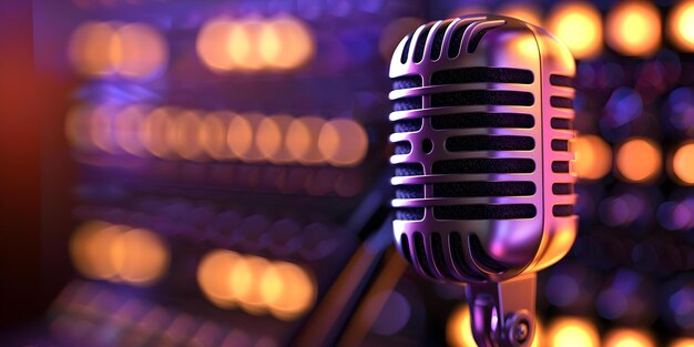Banner para un podcast o estudio de grabación con un micrófono PinkPurple en un fondo de espacio de copia Concepto de estudio de podcast Micrófono RosePurple Copy Space