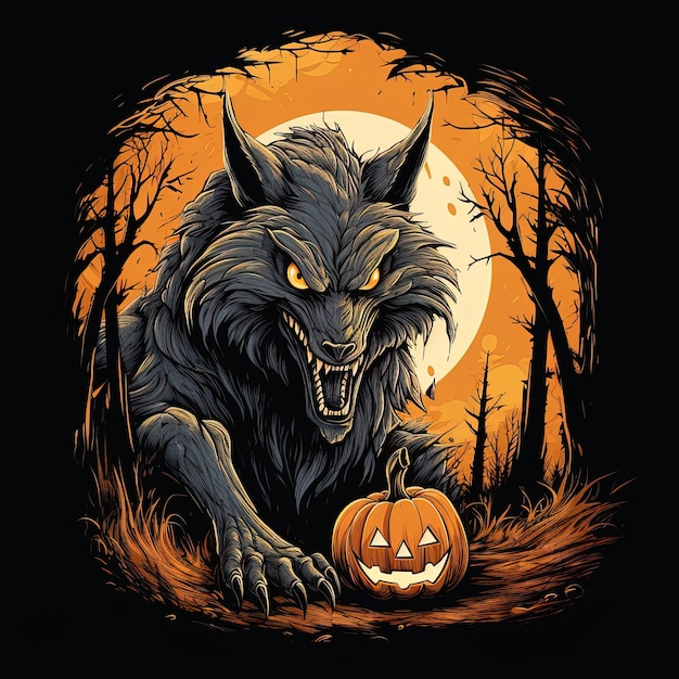 Banner-Poster oder Vorlage für Halloween-Hintergrund mit beängstigendem Wolf-Wald-Mond