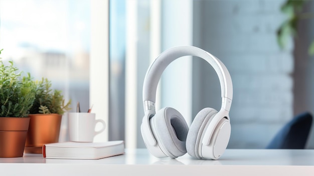 Banner presenta auriculares blancos minimalistas en un escritorio limpio con luz suave que insinúa la claridad