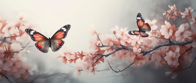 Banner de primavera ramas de cerezo floreciente contra el fondo de cielo azul y mariposas en la naturaleza al aire libre Flores de sakura rosadas imagen romántica de ensueño paisaje de primavera panorama generar ai