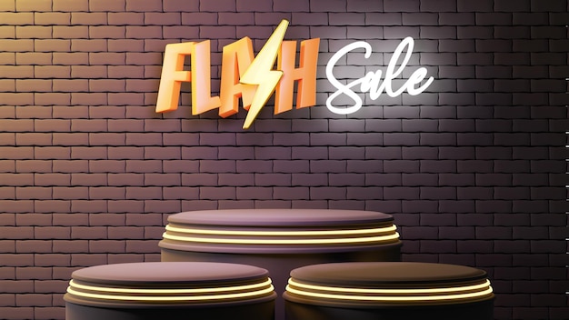 Banner de promoción de venta flash de renderizado 3d con podio para soporte de producto en pared de ladrillo