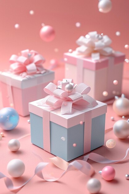 un banner promocional con una elegante caja de regalos en 3D con cintas blancas y pastel