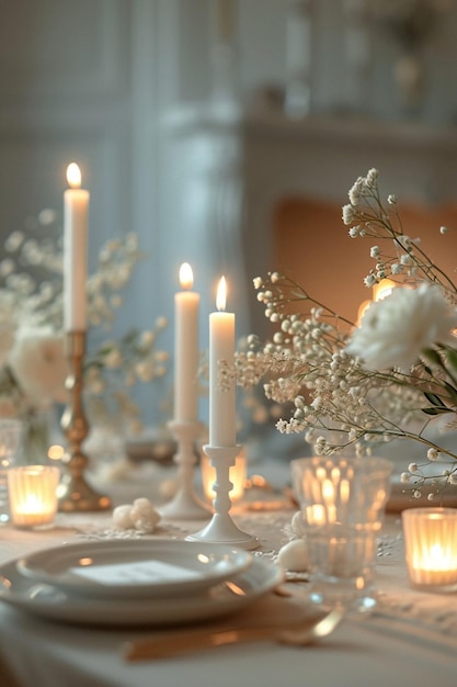 Un banner promocional con una mesa de cena estilizada a la luz de velas en 3D