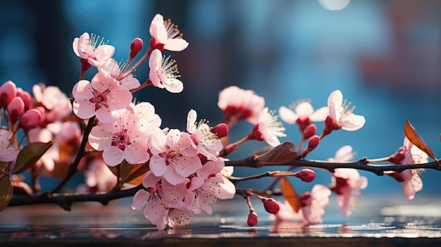 Foto banner con una rama de sakura rosa sobre el agua en un fondo con bokeh copiar espacio