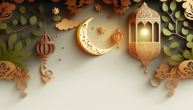 Banner de ramadan kareem con una luna creciente y una luna creciente