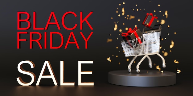 Banner con regalos de texto BLACK FRIDAY y carrito de compras Letras rojas sobre fondo negro Oferta especial buen precio oferta tiempo de compras Venta de viernes negro Descuento 3d renderizado