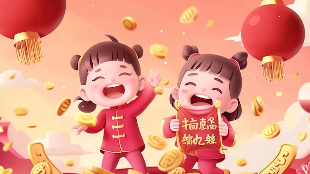 Foto banner retratando um pacote de dinheiro de sorte cny com duas crianças segurando dinheiro na frente dele texto do botão em chinês indicando como reivindicá-lo
