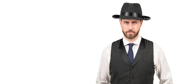 Banner de retrato de cara de hombre con espacio de copia retro hombre de negocios en estilo casual de negocios y sombrero aislado en elegancia de fondo blanco