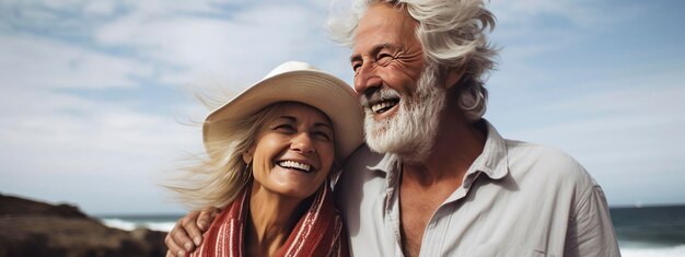 Banner Retrato de uma família de idosos românticos, um casal de pessoas maduras felizes e sorridente com cabelos grisalhos