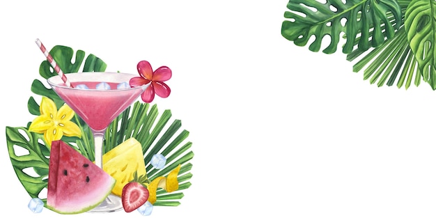 Banner rosa copa de cóctel frescas hojas tropicales Ilustración acuarela dibujada a mano aislada