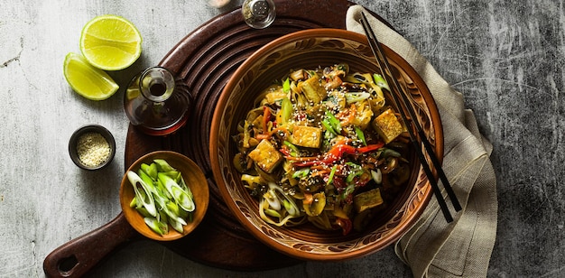 Banner de salteado vegano asiático con fideos de arroz con tofu y vista superior de verduras