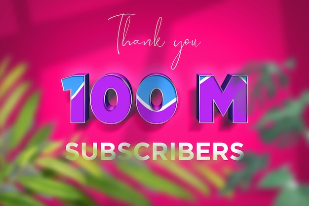 Banner de saludo de celebración de 100 millones de suscriptores con diseño azul púrpura
