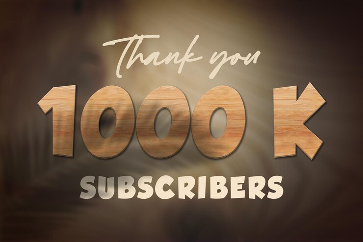 Foto banner de saludo de celebración de suscriptores de 1000 k con diseño de madera de roble