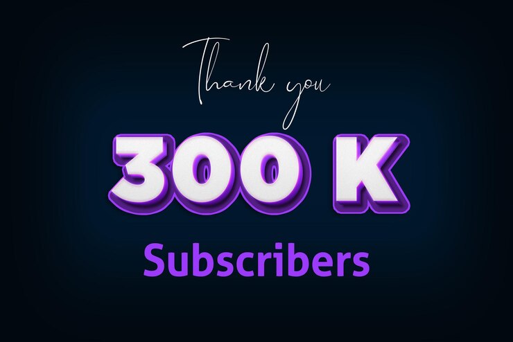 Foto banner de saludo de celebración de suscriptores de 300 k con diseño 3d púrpura